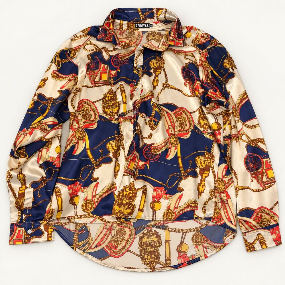 ZeroYaa XL Satin Button Up Shirt Baroque Chain Print Blue Gold Cream